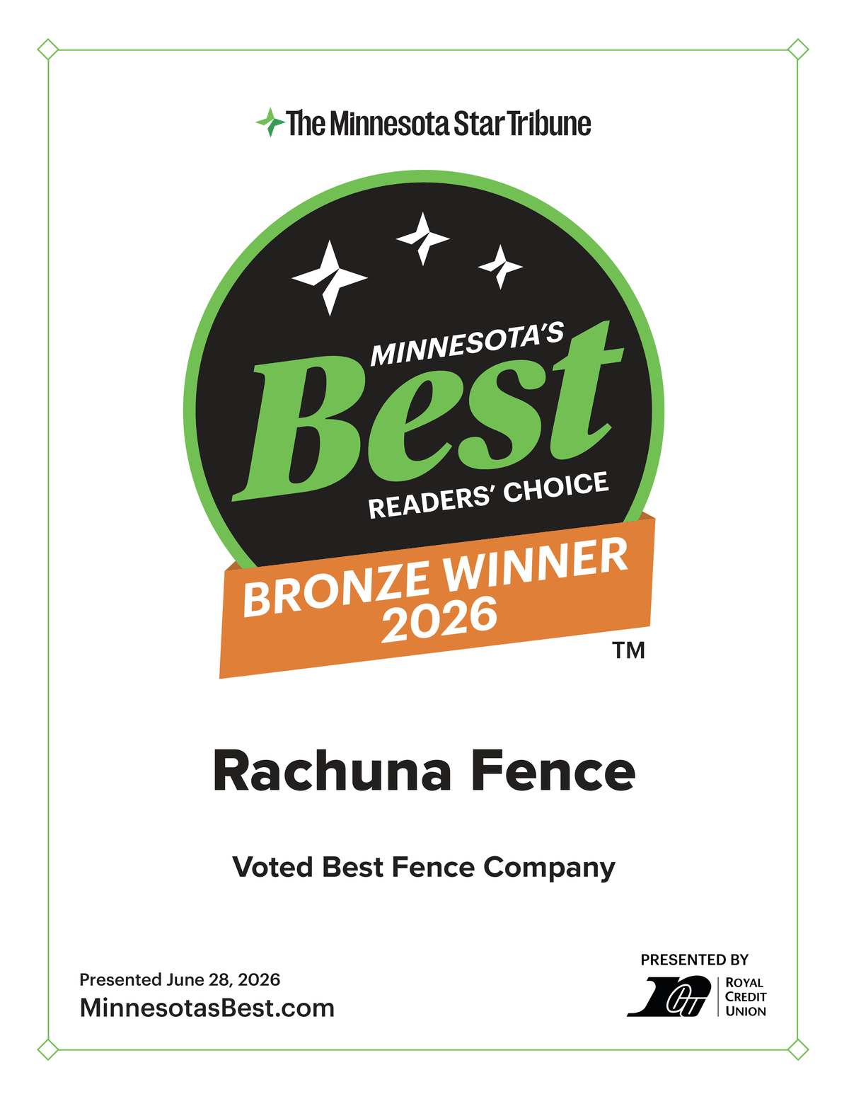 Rachuna Fence LLC’s Minnesota’s Best 2026 Bronze Winner certificate for Best Fence Company, presented by The Minnesota Star Tribune on June 28, 2026